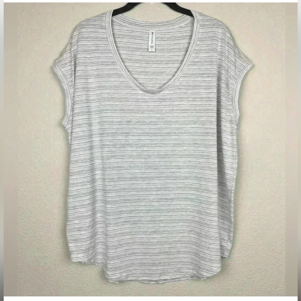 ATHLETA Women's Large Cloudlight Stratus Tee Grey White Stripe Short Sleeve Top